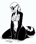 2022 anthro bikini black_and_white breasts clothing ear_piercing ear_ring female fur hair hi_res kelly_o'dor looking_at_viewer mammal mephitid monochrome partially_submerged piercing ring_piercing skunk solo swimwear tegerio two-piece_swimsuit whiskers zandar's_saga