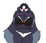 anthro arm_under_breasts avian big_breasts bird black_bra black_clothing black_underwear blush bow_bra bow_panties bow_underwear bra breasts cleavage clothed clothing clothing_lift demon elderly female helluva_boss looking_at_viewer owl owl_demon pace-maker panties queen_octavia_(teathekook) shirt shirt_in_mouth shirt_lift simple_background small_waist solo topwear underwear white_background white_clothing white_panties white_underwear wide_hips