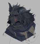 anthro blaidd_(elden_ring) canid canine canis elden_ring facial_scar fromsoftware fur grey_body grey_fur heromule hi_res male mammal mane purple_eyes scar solo wolf