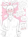 3:4 anthro antlers beastars begging blush blush_lines bodily_fluids breath cervine clothing collar collar_only deer dialogue drooling english_text facial_tuft first_person_view good_boy half-length_portrait heart_symbol hearts_around_head hi_res horn hypnosis leash leashing_pov looking_at_viewer louis_(beastars) male mammal mind_control monochrome mutedlavender nipples nude panting pink_background portrait red_deer red_eyes saliva shaking shivering simple_background solo speech_bubble spiral_eyes submissive submissive_male sweat teasing text tuft undressed