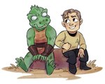 alien blonde_hair blush blush_stickers chibi duo gorn_(species) hair human james_t._kirk kessavel male male/male mammal rock sitting smile star_trek star_trek_the_original_series starfleet_uniform