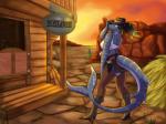 2018 4:3 amber_wind anthro batwing_door boots breasts butt butt_pose chaps clothing cowboy cowboy_hat desert detailed_background digital_media_(artwork) female fish footwear grey_body gun hair handgun hat headgear headwear high_heeled_boots high_heels legwear long_tail looking_back marine non-mammal_breasts pose ranged_weapon revolver saloon shark shirt shoes smile solo standing stripes sunset tail tank_top topwear weapon wild_west yellow_eyes