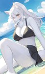 anthro beach blush breasts canid canine clothed clothing female fox fur hair hi_res kemono lcshian looking_at_viewer mammal sand seaside smile solo water white_body