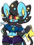 anthro black_hair blue_body bottomwear breasts clothed clothing electronics evolutionary_stone female generation_4_pokemon hair juno_(lewdchuu) lewdchuu_(artist) luxray microphone navel nintendo pokemon pokemon_(species) shirt shorts simple_background solo tail thunder_stone topwear white_background yellow_eyes