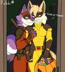 anthro canid canine canis clothed clothing deadpool deadpool_&_wolverine_(2024) digital_media_(artwork) domestic_cat domestic_dog duo felid feline felis fur hair halloween hi_res holidays hug male male/male mammal marvel pubbipaws text tongue wolverine_(marvel)