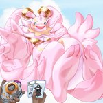 absurd_res anthro bandai_namco beady_eyes belly bikini blue_eyes blush cherubimon cherubimon_(good) clothing cosplay digimon digimon_(species) digivice embarrassed female gerusyu hi_res human larger_female long_ears mammal pink_body size_difference slightly_chubby swimwear two-piece_swimsuit