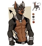 2024 2_horns abs anthro athletic athletic_anthro athletic_male atkaso bared_fangs biceps biped black_body black_fur brown_body brown_countershading brown_fur countershade_fur countershading curved_horn fur generation_2_pokemon hi_res horn houndoom looking_at_viewer male nintendo pecs pokemon pokemon_(species) red_eyes shirtless_anthro shirtless_male solo spade_tail tail