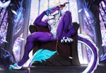 anthro digital_drawing_(artwork) digital_media_(artwork) digitigrade dragon fangs hair halo hi_res horn jewelry ksfrost low-angle_view male mythological_creature mythological_scalie mythology necklace purple_body scalie sitting solo tail teeth