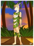 3:4 anthro antlers deer deer_frat_dude_(fuze) fuze grass_skirt hi_res horn male mammal mostly_nude nipples outside palm_tree plant solo sunset tree