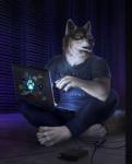 2018 4_toes 5_fingers absurd_res anthro barefoot black_nose blue_eyes bottomwear c_plus_plus canid canine canis claws clothed clothing computer detailed_background digital_media_(artwork) electronics feet fingers fur gentoo git_(software) grey_body grey_fur hacker hi_res laptop llvm looking_away male mammal multicolored_body multicolored_fur mythological_canine mythological_creature mythology openssh pants python_(programming_language) rakan shirt sitting solo toe_claws toes topwear werecanid werecanine werecreature werewolf whiskers white_body white_fur wolf wolnir