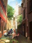 2021 3:4 absurd_res alley anthro canid canine detailed_background female fennec_fox flower fox hi_res jax_(xanedis) kissing male mammal noxfoxarts outside paris plant red_fox restaurant romantic silver_fox sitting tree true_fox xanedis_(xanedis)