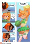 2017 anthro aoizuri asking asking_another asking_how bottomwear brown_body brown_fur bulge canid canine canis cheerleader cheerleader_outfit cheerleading_pose clothing detailed_bulge dialogue different_sound_effects digital_drawing_(artwork) digital_media_(artwork) domestic_dog duo english_text eyes_closed femboy freckles fur genital_outline gesture hair hand_gesture hi_res jumping jumping_sound_effect male male/male mammal motion_onomatopoeia multicolored_hair nervous onomatopoeia open_mouth penis_outline pom_poms pose question question_mark shaking skirt smile sound_effects speech_bubble talking_to_another tan_body tan_fur text thumbs_up two_tone_hair