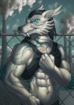 4_eyes anthro athletic athletic_anthro athletic_male avoid_posting biceps black_clothing black_hair black_shirt black_tank_top black_topwear blue_eyes bottomwear branch canid canine canis chain chain_link chimney claws clothing dragon factory fangs fence hair hybrid hynvale_navayaghale_(hynvale) inert-ren kiss_mark long_ears long_hair looking_at_viewer male mammal markings multi_eye muscular muscular_male muscular_thighs mythological_creature mythological_scalie mythology pollution pose scales scalie seductive shirt shorts simple_background smile smirk solo spikes spikes_(anatomy) tail tank_top teasing teeth thorns topwear vein white_body wolf