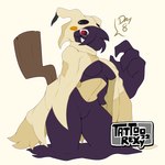 1:1 2022 4_fingers anthro breasts clothing costume english_text fake_tail female fingers generation_7_pokemon hi_res mimikyu nintendo one_eye_obstructed pokemon pokemon_(species) purple_body red_eyes simple_background smile solo tattoorexy teeth text white_background