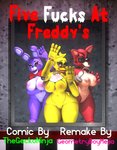 3d_(artwork) 4_fingers absurd_res anthro bib bonnie_(fnaf) bow_tie breasts canid canine chica_(fnaf) digital_media_(artwork) english_text eye_patch eyeshadow eyewear female fingers five_nights_at_freddy's fox foxy_(fnaf) geometryboymejia group hi_res hook hook_hand hybrid lagomorph leporid makeup mammal nipples non-mammal_nipples profanity rabbit scottgames text thegeckoninja