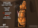 anthro avali bdsm bondage bound bound_male brown_collar brown_leather brown_strap bulge caption collar english_text latex male muffled nose_hooks orange_latex prison prisoner sensory_deprivation sleepsack storage stripedcrocodile text