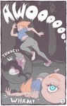 awoo blue_eyes chasing circumjacentity clothed clothing comic digital_media_(artwork) female flat_colors fleeing footwear forest grass hair hi_res howl human mammal onomatopoeia outside plant red_hair running scared shoes simple_background sneakers solo sound_effects text tree tripping