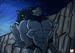 abs alien anthro ben_10 biceps black_body black_fur cartoon_network clenched_teeth desert duo eyes_closed fur green_eyes grey_body grey_fur head_tilted_back hi_res intraspecies kaiser_dragonstro loboan male male/male muscular muscular_male nipples outside pecs restrained restrained_arms rock_formation safe_nudity sky star starry_sky teeth