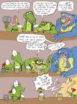 alcohol alligator alligatorid anthro bar beer beverage comic crocodile crocodilian diddy_kong_racing donkey_kong_(series) english_text fight fight_cloud group hi_res kip_(donkey_kong) kip_kremling kremling kritter_(kremling) krumple krunch_the_kremling male nintendo rareware reptile scalie shesamonkey text