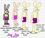 absurd_res anthro barely_visible_tail big_feet bottomwear chest_fur chest_tuft clothed clothing evolution feet floating_ears footwear group hi_res jason_burrow jay_jay_the_lucky_rabbit lagomorph leporid male mammal notebook_paper_background purple_bottomwear purple_clothing purple_footwear purple_shoes purple_shorts rabbit scut_tail shadow shoes short_tail shorts shorts_only simple_background simple_coloring simple_eyes simple_face simple_nose swift_bristle tail topless tuft version_comparison