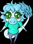 alpha_channel anthro blue_body blue_hair cavemanon_studios clothed clothing dinosaur faustanon female fooly_cooly_(snoot_game) front_view green_eyes hair kubrick_stare prehistoric_species pupils reptile scalie simple_background slit_pupils snoot_game solo transparent_background