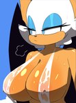 2024 absurd_res anthro areola bat bat_wings big_areola big_breasts big_nipples blue_eyes bodily_fluids breasts clothed clothing eyeshadow female hi_res lawgx makeup mammal membrane_(anatomy) membranous_wings nipples one-piece_swimsuit rouge_the_bat sega sling_bikini solo sonic_the_hedgehog_(series) sweat sweaty_breasts swimwear translucent translucent_clothing wings