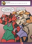 2020 5_fingers anthro arcanine ask_blog athletic_wear bell bell_collar bianca_the_arcanine biceps big_breasts black_nose black_stripes blonde_hair blue_eyes breasts brown_eyes canid chest_tuft cinny_the_incineroar cleavage clothed clothing collar dialogue dialogue_box duo english_text fangs female fingers fur generation_1_pokemon generation_7_pokemon gradient_background grey_body grey_fur hair hi_res incineroar leotard looking_at_viewer mammal markings mature_anthro mature_female multicolored_body multicolored_fur muscular muscular_female nintendo one_eye_obstructed orange_body orange_fur patreon patreon_logo pokemon pokemon_(species) red_body red_fur red_nose simple_background sketchybug speech_bubble striped_body striped_fur striped_markings stripes tail talking_to_viewer teeth text tuft url yellow_sclera yellow_tail