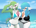 big_breasts bikini blue_hair breast_size_difference breast_squish breasts breasts_frottage cleavage clothed clothing duo female gardevoir generation_3_pokemon green_hair hair hi_res huge_breasts lalox nintendo not_furry one_eye_closed pokemon pokemon_(species) red_eyes shiny_pokemon side-tie_bikini squish string_bikini swimwear thick_thighs two-piece_swimsuit white_body