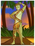 3:4 alligator alligatorid anthro crocodilian fuze gabriel_(fuze) grass_skirt grin hi_res male mostly_nude navel nipples outside palm_tree plant pose reptile scalie smile solo sunset tree