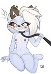 anthro aroused belly blush breasts canid canid_demon canine canis clenched_teeth collar collar_only demon ear_piercing female fur furmirui genitals hair hellhound helluva_boss hi_res humanoid_genitalia humanoid_pussy leash loona_(helluva_boss) mammal mythological_canine mythological_creature mythology nipples nude piercing pinup pose pussy red_sclera simple_background solo teeth white_body white_fur white_hair wide_hips