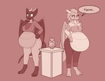 anthro big_breasts breasts bumpywish clothed clothing dialogue dragon duo english_text female fertility_idol hi_res horn monochrome mythological_creature mythological_scalie mythology petra_(highcaloriesand) pillar pregnant rapid_pregnancy red_body rosa_(highcaloriesand) scalie speech_bubble standing surprised_expression tail text thick_thighs upset wings