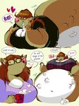 2017 anthro belly big_belly big_breasts bodily_fluids breasts brown_body brown_fur brown_hair burping clothing container cup d._e._belton_(artist) drooling english_text eyewear female female_pred fur glasses group hair hand_imprint imprint monroe_(d.e.belton) obese overweight saliva shirt simple_background speech_bubble text topwear vore