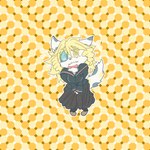 abstract_background absurd_res anthro blonde_hair blue_eyes blush chibi clothed clothing confusion desperation domestic_cat dress drill_curls felid feline felis female fur hair heterochromia hi_res mammal mttbsmn multicolored_body multicolored_fur omorashi optical_illusion rittine_(mttbsmn) school_uniform solo spiral_eyes uniform yellow_eyes