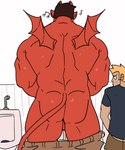 2024 5:6 aries03220 back_muscles barely_visible_genitalia barely_visible_penis bathroom big_butt big_muscles bodily_fluids bottomwear bottomwear_down butt clothed clothing demon demon_humanoid duo genital_fluids genitals hair hi_res horn huge_muscles human humanoid humanoid_pointy_ears inside larger_humanoid looking_back male mammal muscular muscular_humanoid muscular_male musical_note musical_symbol not_furry pants pants_down partially_clothed peeing penis public_restroom rear_view shirt simple_background size_difference small_wings smaller_human solo_focus standing sweat symbol thick_thighs toilet_use topless topless_humanoid topless_male topwear triceps urinal urine white_background wings