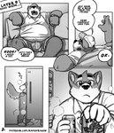 2021 absurd_res age_difference alcohol anthro appliance beer belly beverage beverage_can big_belly boss boss_and_employee bossman_(kamudragon) canid canine canis clothed clothing comic dialogue domestic_dog duo employee_(kamudragon) english_text facial_hair fridge fully_clothed hi_res holding_beer inside kamudragon kitchen_appliance male mammal mature_male monochrome multiple_scenes open_mouth overweight overweight_anthro overweight_male sitting speech_bubble spread_legs spreading text url wolf