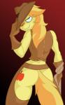 2014 anthro anthrofied blonde_hair braeburn_(mlp) butt chaps clothing cowboy_hat cutie_mark digital_media_(artwork) earth_pony equid equine friendship_is_magic gloves green_eyes hair handwear hasbro hat headgear headwear hi_res horse jrvanesbroek leather looking_at_viewer looking_back male mammal my_little_pony pony rope smile solo topwear vest