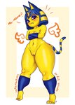 absurd_res animal_crossing ankha_(animal_crossing) anthro blue_clothing blue_eyes blue_eyeshadow blue_hair blue_legwear blush blush_lines bottom_heavy breasts clothing crossed_arms dialogue digitigrade domestic_cat egyptian egyptian_clothing egyptian_headdress eyelashes eyeshadow felid feline felis female fur genitals hair hi_res kilih188 legwear looking_at_viewer makeup mammal markings navel nintendo nude pussy short_hair simple_background skindentation small_breasts solo striped_markings striped_tail stripes tail tail_markings tan_background text thick_thighs white_background wide_hips yellow_body yellow_fur