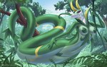 alanscampos anthro apode breasts draconcopode featureless_crotch female forest generation_5_pokemon green_body hi_res jungle leaf_pasties legless long_body looking_at_viewer naga nature nintendo nude plant pokemon pokemon_(species) red_eyes serpentine serperior smile solo tree vines wide_hips