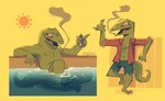 anthro bared_chest beverage_can body_hair bottomwear chest_hair clothed clothing desert_folk exposed_chest gesture green_body hand_gesture hi_res hot_tub lizard lizard_(desert_folk) male middle_finger navel nipples non-mammal_nipples nude open_clothing open_shirt open_topwear partially_submerged reptile scalie shirt shorts sitting skinny_dipping smoking solo standing stellizard sun topwear torn_clothing water