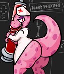 2023 anthro big_butt breasts butt catherine_(gregory_horror_show) clothing digital_drawing_(artwork) digital_media_(artwork) fangs female forked_tongue gregory_horror_show hat headgear headwear hi_res holding_object holding_syringe lewdewott lizard looking_at_viewer markings medical_instrument medical_syringe narrowed_eyes nurse_clothing nurse_hat nurse_headwear nurse_uniform open_mouth pink_body pink_tail purple_spots raised_tail red_eyes reptile scalie scientific_instrument solo spots standing syringe tail teeth thick_tail thick_thighs tongue tongue_out uniform