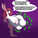 1:1 ambiguous_gender ambiguous_prey anthro anthro_pred belly big_belly big_breasts breasts digestion english_text feet female fingers fur hair hi_res huge_belly huge_breasts lagomorph leporid lilly_(waismuth) mammal multicolored_body multicolored_fur nipples pink_body pink_fur pink_nipples purple_background rabbit red_hair red_tongue simple_background solo standing text toes tongue tongue_out unseen_prey vore waismuth