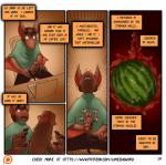 2017 aamon_(james_howard) anthro bat blush clothed clothing comic demon dialogue digital_media_(artwork) dino_devil dinosaur duo english_text erection fantasizing food fruit genitals hi_res horn imp internal james_howard male mammal masturbation melon patreon patreon_logo penis plant prehistoric_species reptile scalie shaking solo_focus text throbbing tina_(james_howard) trembling twitching url vore watermelon website_logo