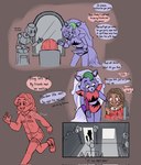 2023 animatronic anthro balloon canid canine canis cassie_(fnaf) child clothed clothing comic dialogue digital_media_(artwork) ear_piercing english_text female five_nights_at_freddy's five_nights_at_freddy's:_security_breach five_nights_at_freddy's:_security_breach_ruin group hi_res human inflatable looking_at_another machine makeup mammal mirror narrow_hips open_mouth open_smile piercing robot roxanne_wolf running scottgames shyestmind smile steel_wool_studios text thin_calves thin_legs thin_thighs trio wolf young young_female young_human