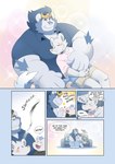 anthro blue_clothing blue_hair blush child clothing comic cuddling dress_shirt duo felid gesture group hair hi_res high_five huang_(takataka) hug lion male male/male mammal murid murine muscular muscular_anthro muscular_male pantherine rat relieved rodent shirt size_difference sleeping takataka topwear trio young