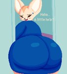 aggretsuko anthro big_butt blush butt canid canine clothed clothing digital_media_(artwork) english_text enkah female fennec_fox fenneko fox fur hi_res huge_butt mammal pixel_(artwork) sanrio solo stuck text true_fox