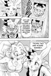 anthro bandage big_breasts bodily_fluids breasts cleavage clothed clothing comic daigaijin dialogue drooling duo english_text female furryfight_chronicles haplorhine hi_res huge_breasts lagomorph leporid mammal monkey monochrome muko primate rabbit saliva tasha_(furryfight_chronicles) text