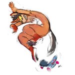 1:1 anthro chest_tuft colored_sketch fur gloves_(marking) grey_tail grin hi_res leg_markings male markings nude orange_body orange_fur oselotti signature simple_background skateboard skateboarding sketch smile socks_(marking) solo tail tuft vehicle white_background white_tail