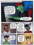 3:4 alligator alligatorid anthro asinus bat caption_box casey_ramser clothed clothing comic computer_keyboard computer_mouse cord crocodilian deer dialogue diego_abel donkey electronics english_text equid equine eyewear first_page fully_clothed furgonomics fuze gaming glasses headphones hi_res jacques_(texnatsu) jorge_san_nicolas kenta_yamashita male mammal name_drop name_in_dialogue playing_video_game pointy_speech_bubble profanity reptile scalie shirt sitting speech_bubble suid suina sus_(pig) t-shirt tank_top texnatsu text text_box topwear white_text_box wild_boar wired_mouse