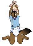 anthro black_body black_fur blue_clothing blue_shirt blue_topwear brown_body brown_fur canid canine clean_diaper clothed clothing diaper fur handkerchief hi_res holding_object holding_plushie kerchief kneeling male mammal one_eye_closed pacifier playing plushie sheepypeepy shirt simple_background slusheep solo topwear wearing_diaper white_background