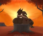 anthro big_breasts big_butt bovid breasts butt caprine clara_(katzenart) cliff demon duo english_text female forest hi_res horizon hug huge_breasts huge_butt hugging_another hugging_from_behind katzenart mammal mountain plant procyonid raccoon rear_view rebecca_(katzenart) sheep sky sunset text tree tree_stump